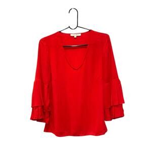 Women's Rose + Olive V-Neck 3/4 Pleated Bell Sleeve Dressy Blouse Red Size S